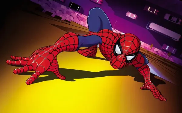 Spider-Man: The New Animated Series HD PC desktop wallpaper — Spider-Man in red-and-blue suit crouches on a rooftop, dramatic purple sky and yellow-lit cityscape background.