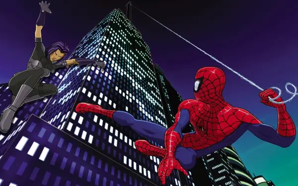 Spider-Man: The New Animated Series — Spider-Man swings between lit skyscrapers at night while a masked figure swings opposite. HD PC desktop wallpaper/background.