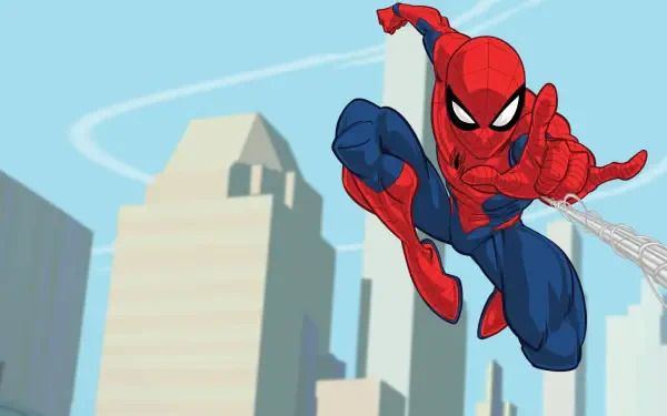 Marvel's Spider-Man in a dynamic mid-air pose firing a web against a stylized city skyline — HD PC desktop wallpaper/background.