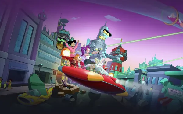 Futurama 4K Ultra HD PC desktop wallpaper and background: Bender, Fry, Leela and crew riding a red rocket over a neon cityscape beneath a purple sky.
