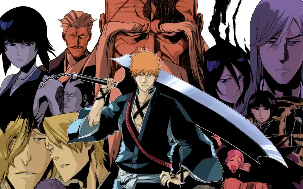 Bleach: Thousand-Year Blood War 4K Ultra HD PC desktop wallpaper — Ichigo Kurosaki with sword centered, surrounded by a dramatic montage of allies and adversaries in bold, high-contrast colors.