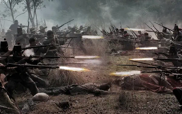 Cinco de Mayo: The Battle - 4K Ultra HD PC desktop wallpaper of 19th-century soldiers firing muskets across a smoky battlefield, bayonets glinting amid muzzle flashes.