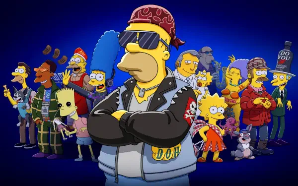 The Simpsons biker-themed group portrait with Homer front and center in a leather jacket and shades, vibrant characters on a deep blue backdrop — 4K Ultra HD PC desktop wallpaper/background.