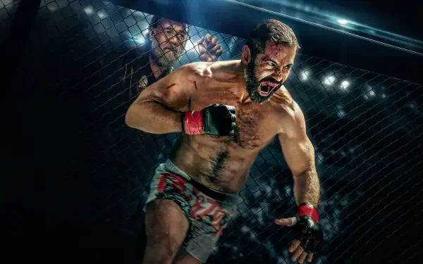 4K Ultra HD PC desktop wallpaper/background of a roaring MMA beast in a caged fight, muscles glistening under bright arena lights.