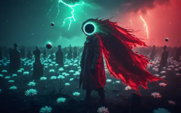 Dark Fantasy 2K Quad HD PC desktop wallpaper: cloaked figure with a glowing void for a head and tattered red cape stands in a field of pale flowers and monoliths beneath green and red lightning.
