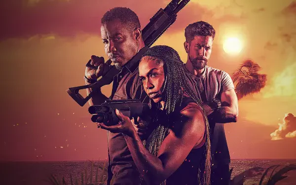 The Island 4K Ultra HD PC desktop wallpaper: three armed figures stand on a shoreline at sunset, orange sky and a distant palm-covered isle, cinematic and tense atmosphere.