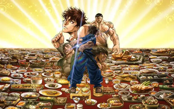 HD PC desktop wallpaper of Baki Hanma (anime): Baki and fellow fighters stand amid a sea of bento and dishes, bathed in dramatic golden rays.