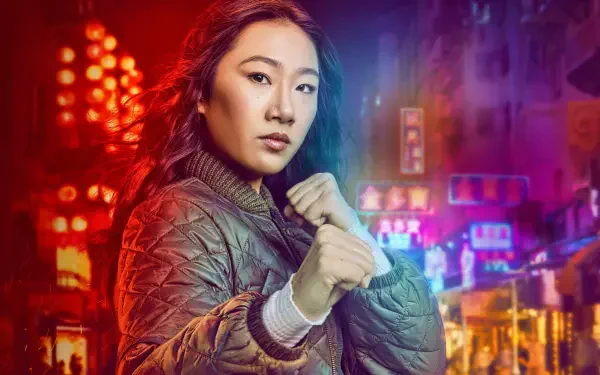 4K Ultra HD PC desktop wallpaper for Kung Fu (TV show): young woman in a martial-arts stance, wearing a quilted jacket against a neon-lit city nightscape.