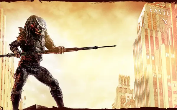 Predator 2 warrior on a rooftop clutching a spear against a sunlit city skyline — 4K Ultra HD PC Desktop Wallpaper and Background.