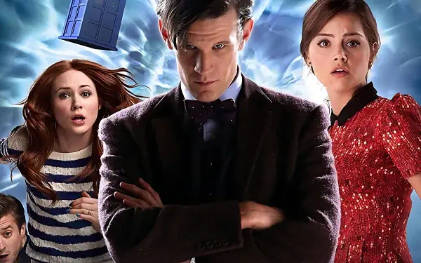 Doctor Who (2005) 4K Ultra HD PC desktop wallpaper: the Doctor in a bow tie stands with two companions as the TARDIS floats amid swirling blue energy.