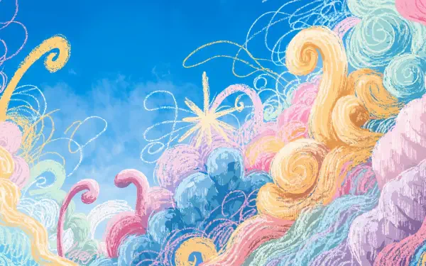 Abstract swirl cloud scene of pastel, brushy curls and wisps against a bright blue sky — 4K Ultra HD PC desktop wallpaper background.