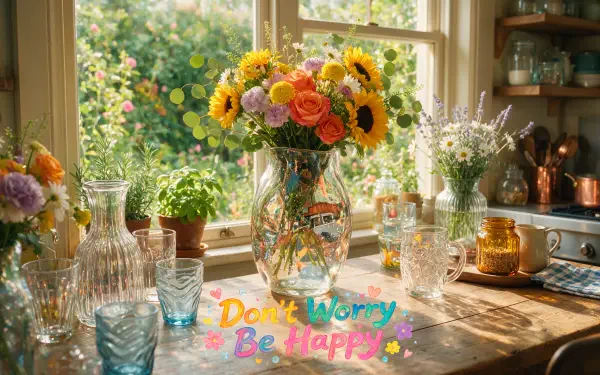 4K Ultra HD PC desktop wallpaper: sunlit windowsill with a colorful bouquet of sunflowers and roses in a glass vase, glassware around it and Don't Worry Be Happy text.