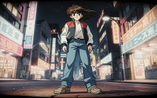 Cool anime boy stands in a neon-lit urban street at night, 4K Ultra HD PC desktop wallpaper background.