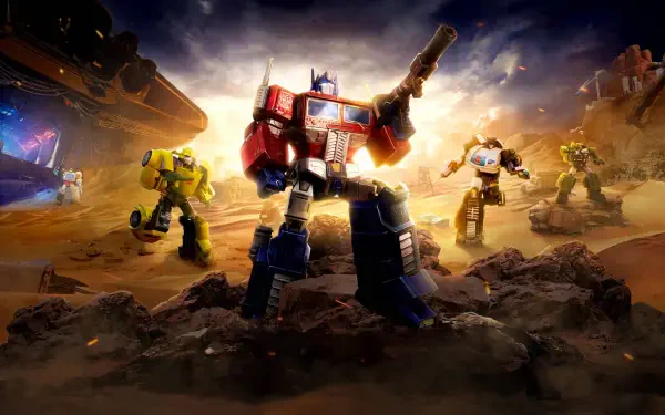 HD PC desktop wallpaper for the video game Transformers: Eternal War showing Optimus Prime leading Bumblebee and other Autobots across a battle-scarred desert under a dramatic sky.