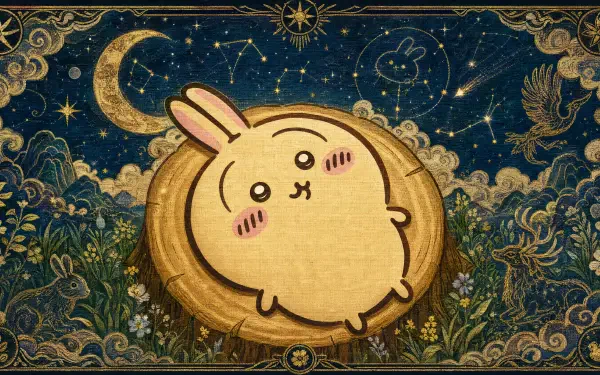 Chiikawa on a golden medallion amid an ornate celestial tapestry of moons, stars and floral motifs — 4K Ultra HD PC desktop wallpaper/background.