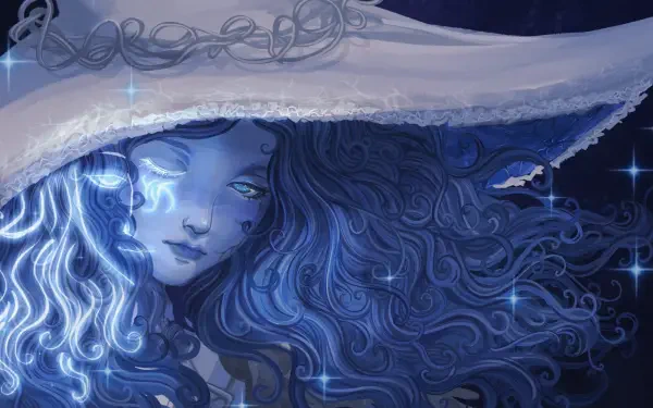 HD PC desktop wallpaper/background of Ranni the Witch (video game): ethereal blue portrait with flowing curls, wide-brim hat, starry accents and a glowing eye.