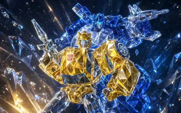 4K Ultra HD PC desktop wallpaper of two crystalline Transformers mecha—golden Autobot and blue ally—from the video game Transformers: Eternal War.