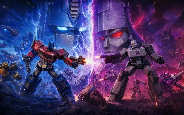 4K Ultra HD PC desktop wallpaper for the video game Transformers: Eternal War showing Transformers locked in a fiery battle amid lightning, explosions and ruined cityscape.
