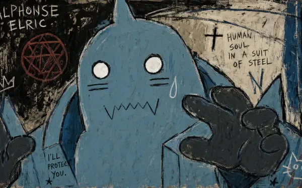4K Ultra HD PC desktop wallpaper of Alphonse Elric: stylized blue armored figure with wide eyes and outstretched hand, graffiti notes including human soul in a suit of steel.