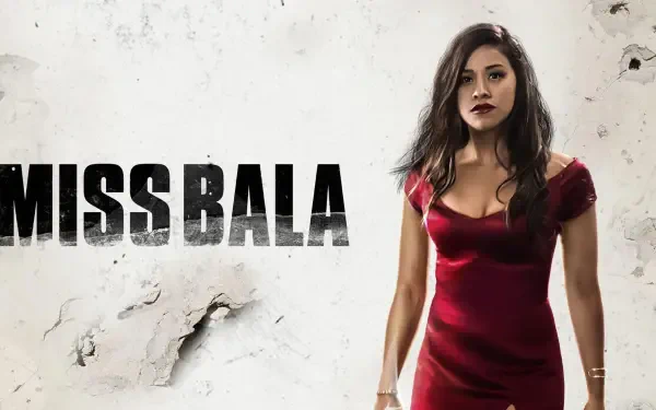 Miss Bala 2K Quad HD PC desktop wallpaper and background — woman in a red dress stands against a cracked white wall with bold MISS BALA title.