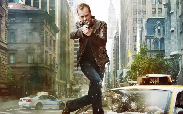 Unidentified man firing a gun while jumping over a shattered taxi amid police cars and city skyscrapers in a tense action shot. Tag: 24. 4K Ultra HD PC Desktop Wallpaper and Background.