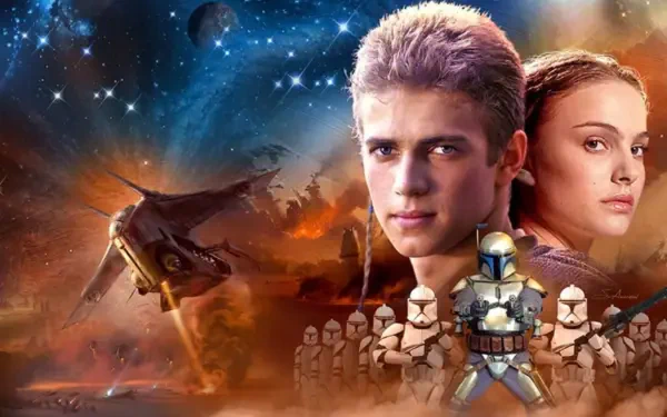 Star Wars Episode II: Attack Of The Clones 2K Quad HD PC wallpaper — Anakin Skywalker and Padmé Amidala with clone troopers and a starship amid explosions in space.