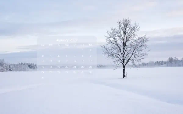 5K Ultra HD PC desktop wallpaper: January 2027 calendar over a serene winter landscape — a solitary bare tree in a vast snowfield under a pale sky.