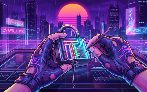 5K Ultra HD PC desktop wallpaper and background: cyberpunk lockpicking scene with gloved hands manipulating a glowing padlock/lock against a neon city skyline and magenta sun.