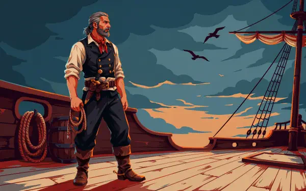 4K Ultra HD PC desktop wallpaper and background: a pirate sailor stands on a ship's wooden deck at sunset, ropes and rigging nearby, seabirds and a dramatic sky on the horizon.