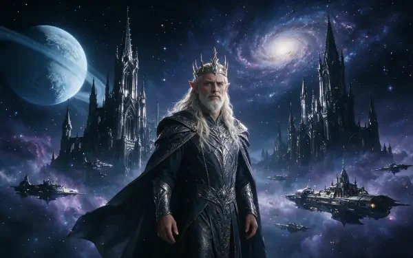 4K Ultra HD PC desktop wallpaper of an Elf King in ornate crown and armor standing before towering gothic castles and floating citadels beneath a moonlit spiral galaxy.