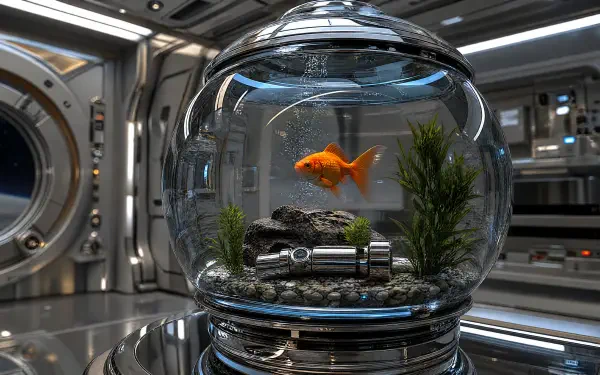 4K Ultra HD PC desktop wallpaper: a goldfish swimming in a glass fish bowl aquarium with pebbles and plants, reflected on a metallic surface inside a futuristic interior.