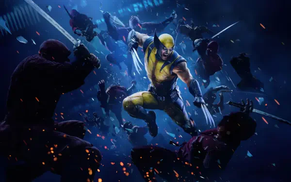 Marvel's Wolverine (X-Men) leaps forward, claws extended through a rain of sparks against a dark blue city backdrop — 4K Ultra HD PC desktop wallpaper.