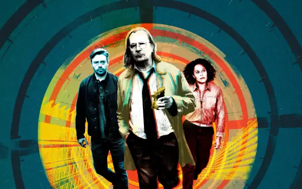4K Ultra HD PC desktop wallpaper for Slow Horses: three agents—a disheveled man in a tie, a bearded man and a woman—stride toward the viewer against a colorful target-like spiral backdrop.