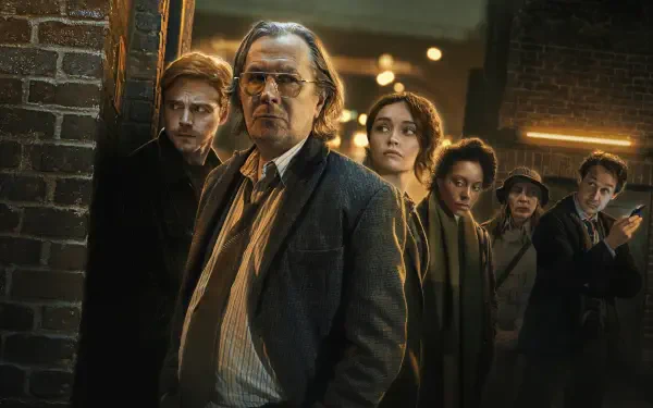 Slow Horses 4K Ultra HD PC desktop wallpaper: gritty night-alley scene of a ragged team of intelligence operatives led by a stern older man, moody lighting and brick urban backdrop.