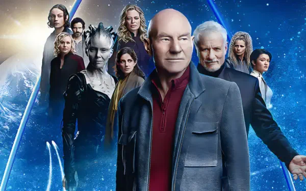 Star Trek: Picard HD PC desktop wallpaper — Jean‑Luc Picard and his crew stand before Earth and a starfield, framed by blue futuristic light streaks.