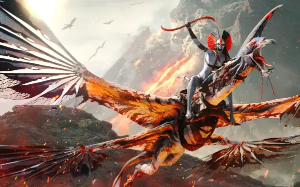 Avatar: Fire and Ash — 4K Ultra HD PC desktop wallpaper/background of an armored rider atop a flaming winged beast soaring over ash-choked volcanic peaks.