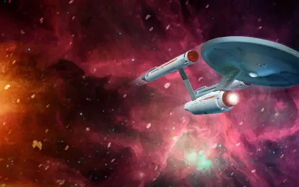 Star Trek 4K Ultra HD PC desktop wallpaper: the USS Enterprise glides past a glowing red-pink nebula, surrounded by stars and drifting cosmic dust.