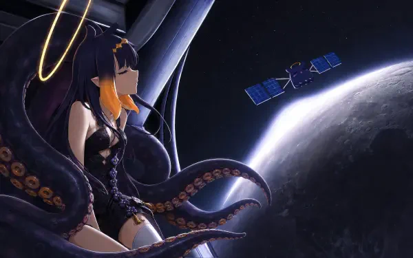 ins'nis 4K Ultra HD PC desktop wallpaper and background: an anime girl with octopus-like tentacles floating in space, gazing at a satellite above a shadowed, curved planet.