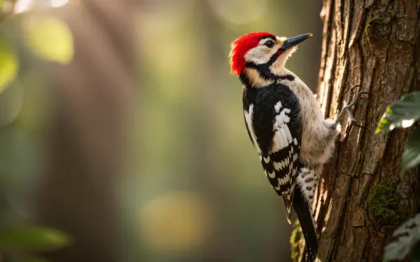 Woodpecker with a red nape clinging to a tree trunk against a soft, sunlit bokeh forest — 4K Ultra HD PC desktop wallpaper and background.