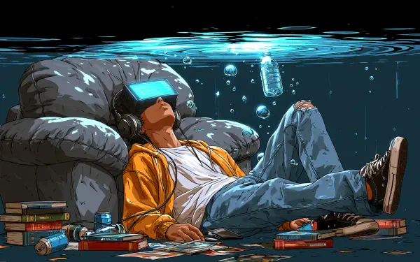 2K Quad HD PC desktop wallpaper: nostalgic scene of a man floating underwater, reclined on a couch with VR headset, surrounded by books and bubbles.