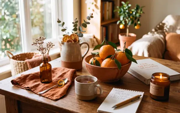 5K Ultra HD PC desktop wallpaper background: warm orange aesthetic table with bowl of oranges, steaming mug, candle, notebook and pen by a sunlit window.