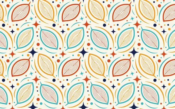 4K Ultra HD PC desktop wallpaper: repeating stylized leaf pattern in teal, orange, mustard and red with navy dots and star accents on a cream background.