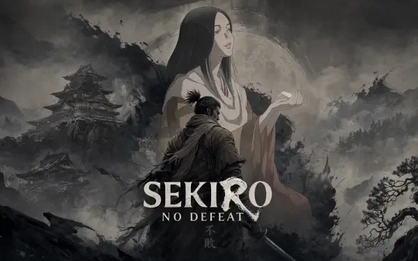 Sekiro: No Defeat video game 4K Ultra HD PC desktop wallpaper — lone samurai kneels before a pale, ghostly woman amid misty temples and jagged mountains.