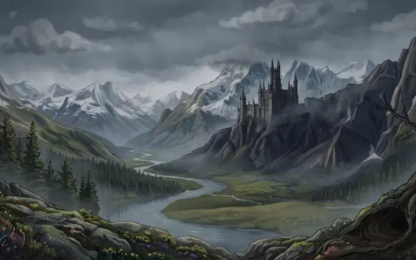 2K Quad HD PC desktop wallpaper/background: misty mountain panorama with a river winding through a valley toward a gothic castle perched on rocky cliffs.
