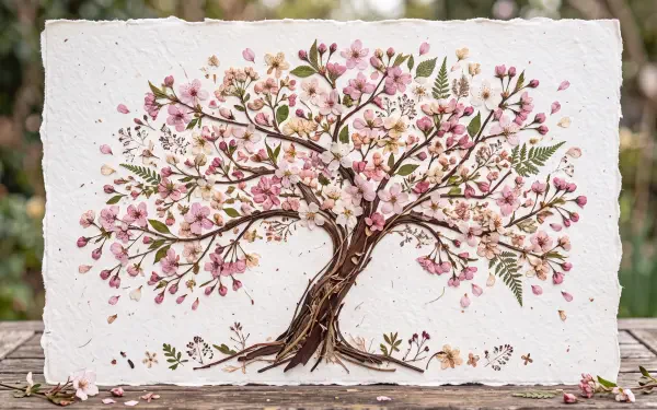 5K Ultra HD PC desktop wallpaper: painting of a cherry blossom tree in full bloom, pink blossoms and textured trunk against a soft background.