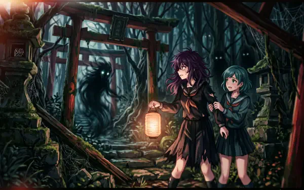 Spooky anime scene: two girls in a moonlit forest, one clutching a lantern as they approach a torii gate with a shadowy creature beyond — 5K Ultra HD PC desktop wallpaper.