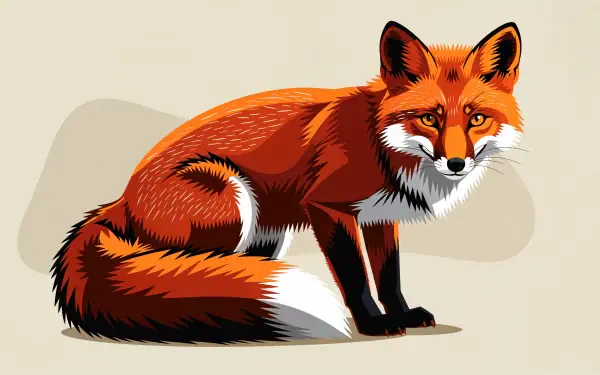 4K Ultra HD PC desktop wallpaper of a stylized red fox with rich orange fur, white chest and bushy tail, sitting and gazing forward on a neutral background.