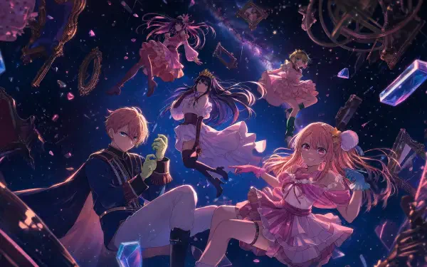 Oshi no Ko anime 4K Ultra HD PC wallpaper: girls drifting through a starry sky of glowing crystals, clockwork gears and stage motifs in soft pink and deep blue tones.