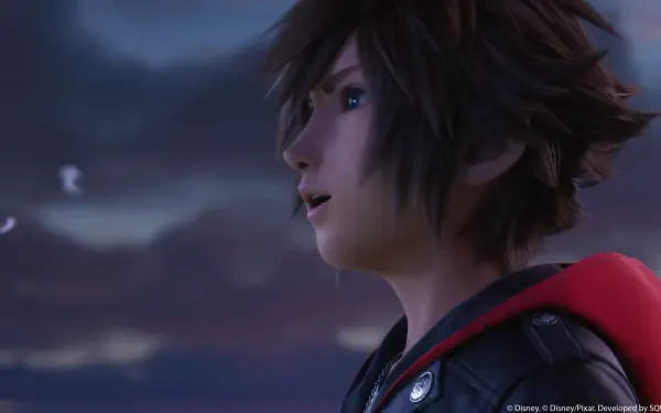 Close-up of Sora from Kingdom Hearts IV — anime-style boy from the video game, gazing at a twilight sky; 4K Ultra HD PC desktop wallpaper.