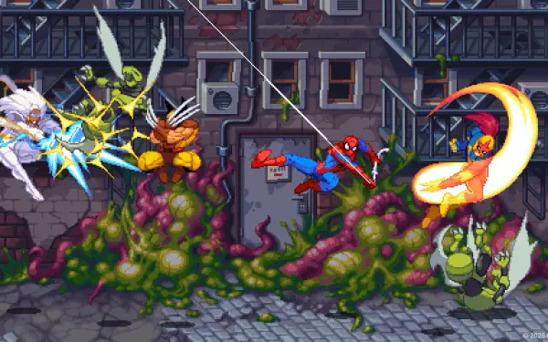 HD PC desktop wallpaper background for MARVEL Cosmic Invasion video game: Spider-Man battling alien tentacles and foes across a vibrant pixel-art city street.